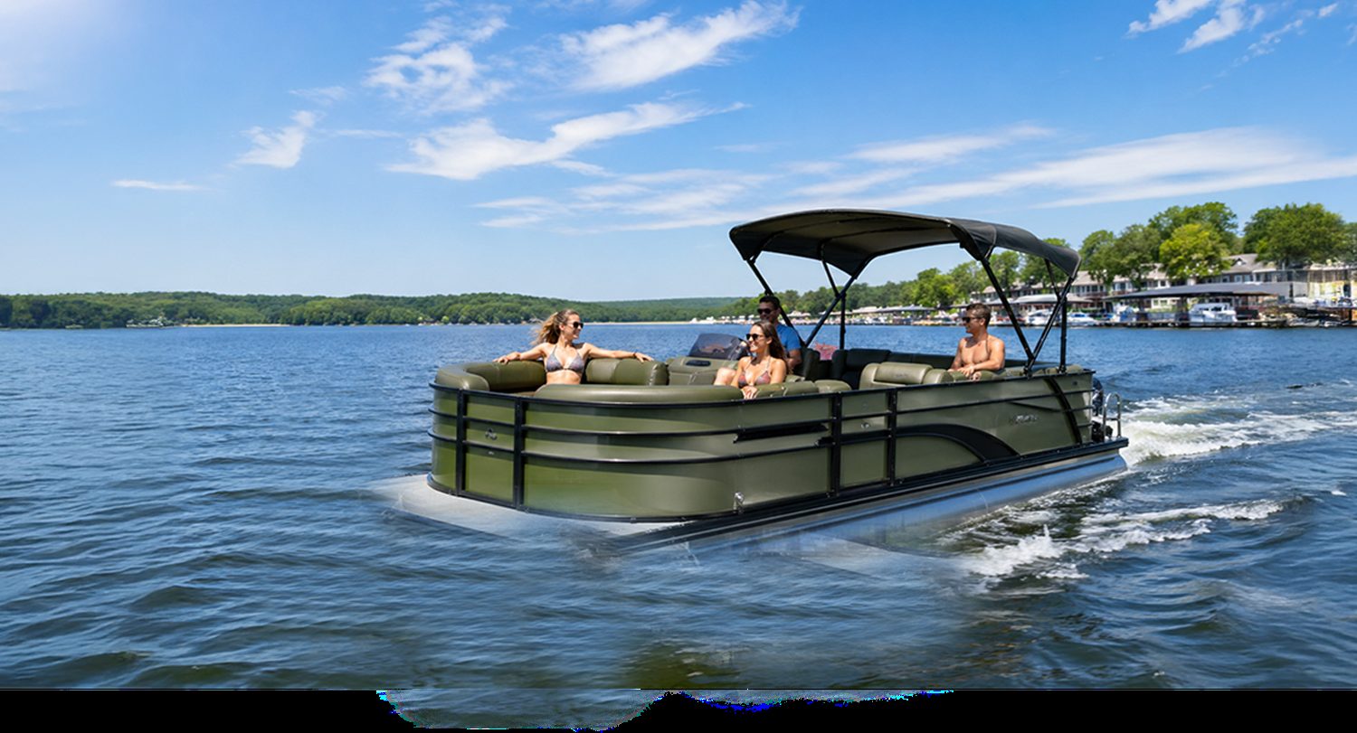 Pontoon boat cruising on Lake of the Ozarks with a group enjoying the water